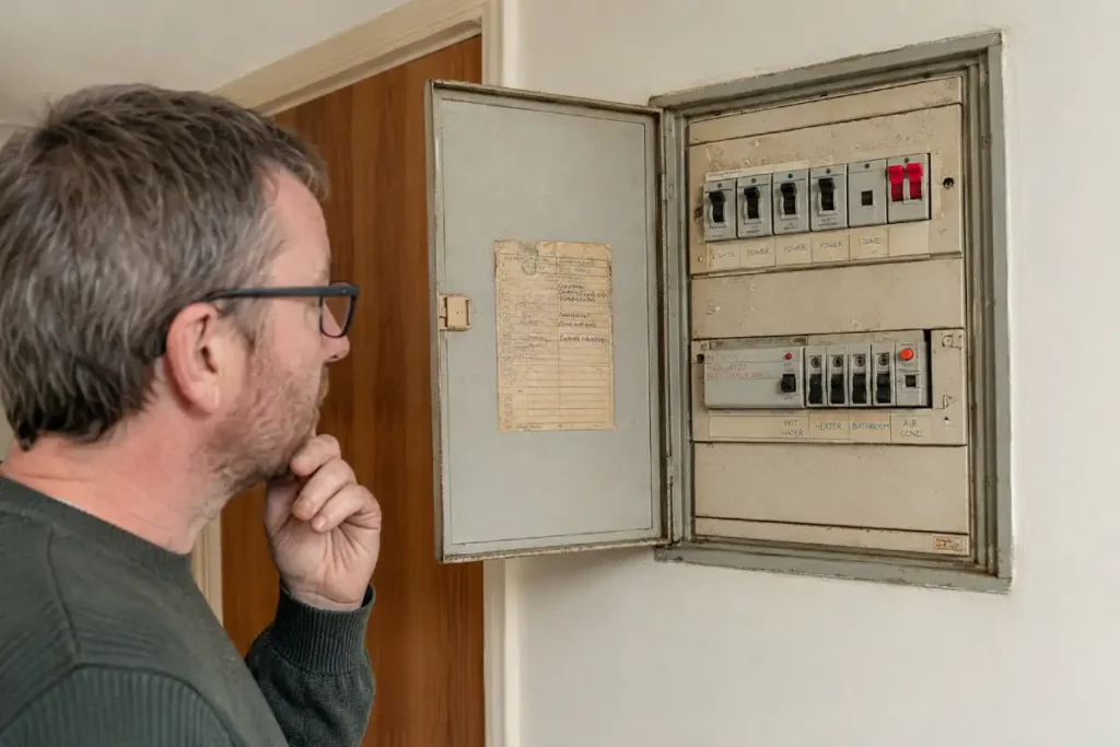 Cuadro eléctrico antiguo con posibles problemas en una vivienda