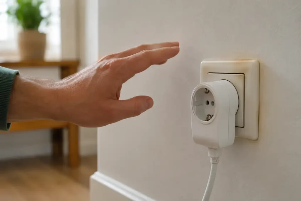 Enchufe de pared caliente por una posible sobrecarga o mal contacto